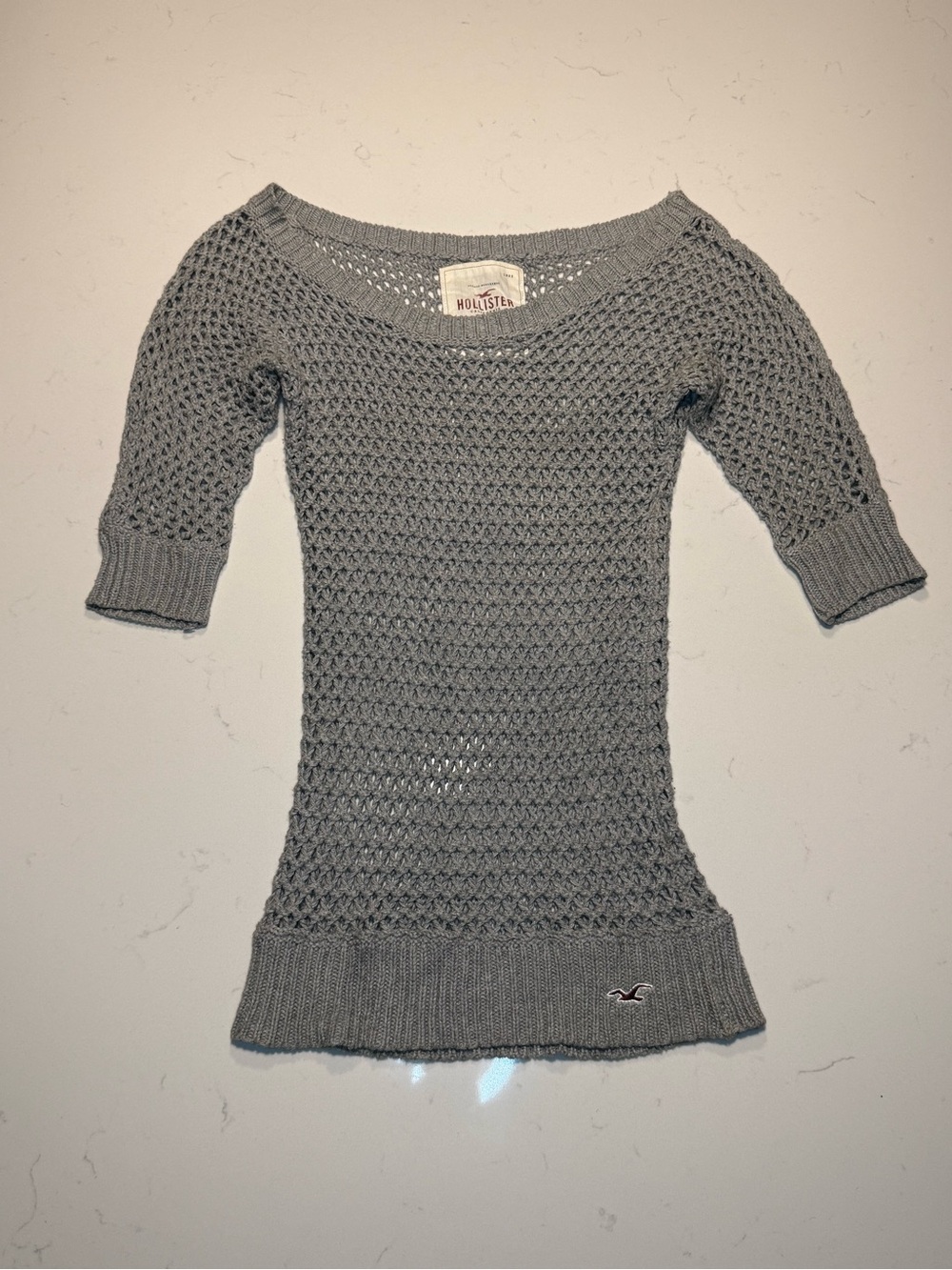 Y2K Hollister Women's Gray Open-Knit Short Sleeve Sweater